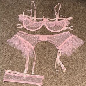 Sheer pink polka dot sheer garter belt set